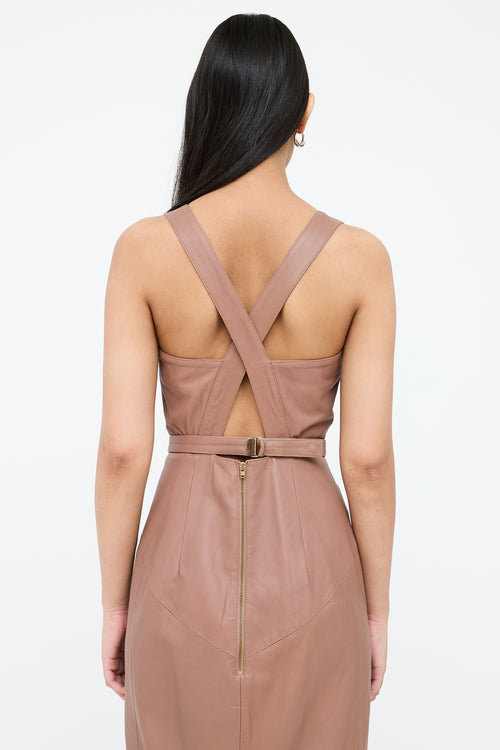 Reiss Brown Leather Panel Belted Dress