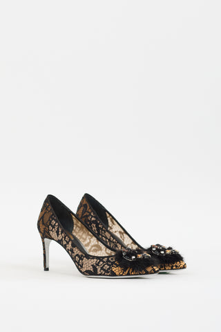 Rene Caovilla Beige 
Black Lace Embellished Pump