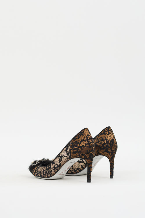 Rene Caovilla Beige 
Black Lace Embellished Pump