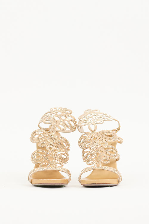 Rene Caovilla Gold Satin Laser Cut Embellished Heel