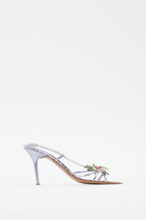 Rene Caovilla Metallic Purple Leather Floral Heel