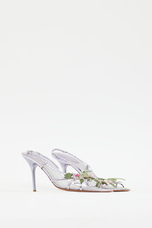 Rene Caovilla Metallic Purple Leather Floral Heel