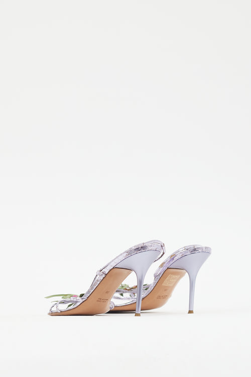 Rene Caovilla Metallic Purple Leather Floral Heel