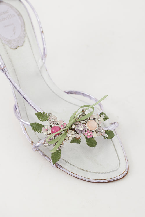 Rene Caovilla Metallic Purple Leather Floral Heel