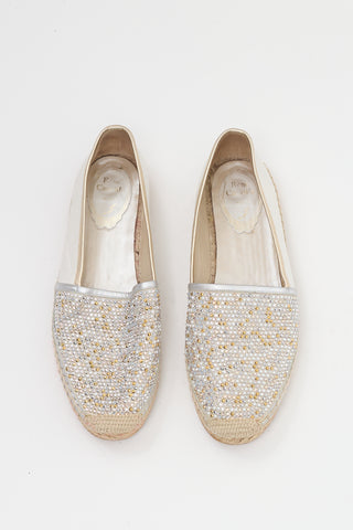 Rene Caovilla White Leather Crystal Embellished Flat