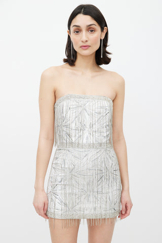 Retrofête Silver Embellished Strapless Mini Dress