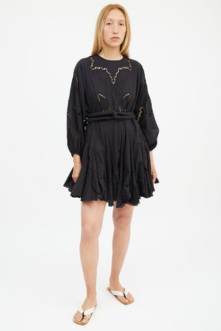 Rhode Black Eyelet Lace Belted Mini Dress