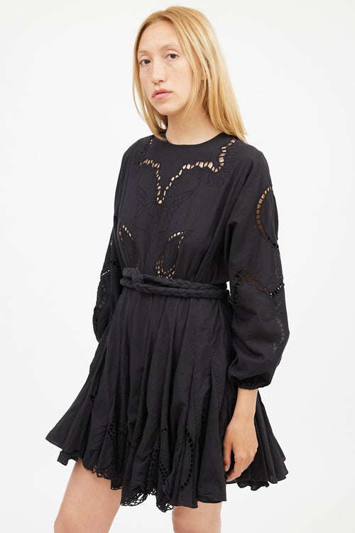 Rhode Black Eyelet Lace Belted Mini Dress