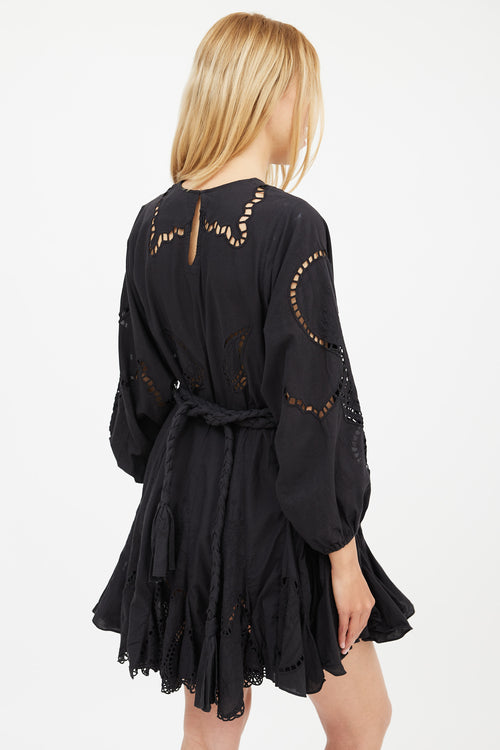 Rhode Black Eyelet Lace Belted Mini Dress