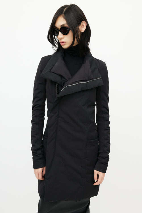 Rick Owens Black Asymmetrical Zip Padded Coat