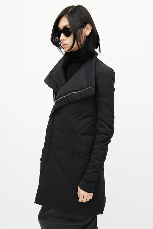 Rick Owens Black Asymmetrical Zip Padded Coat