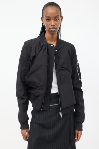 Rick Owens Black Cotton Draped Panel Bomber Jacket