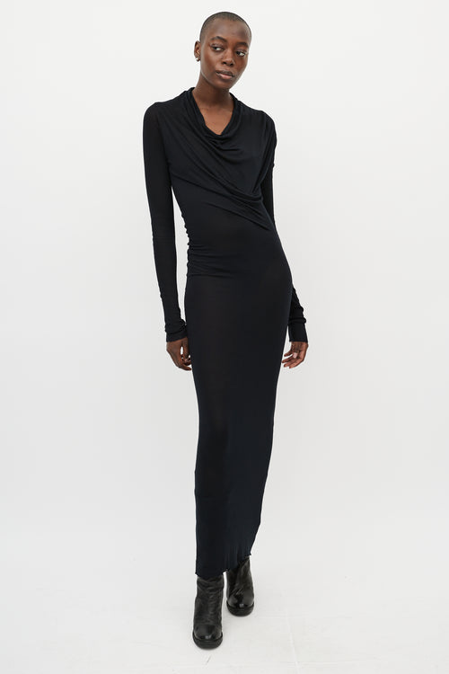 Rick Owens Black Draped Front Long Sleeve Maxi Dress