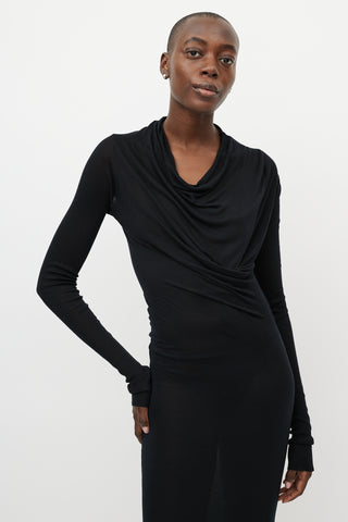 Rick Owens Black Draped Front Long Sleeve Maxi Dress