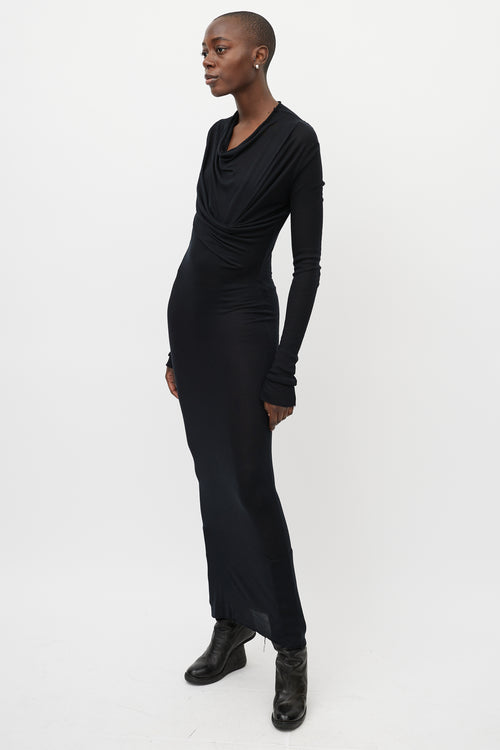 Rick Owens Black Draped Front Long Sleeve Maxi Dress