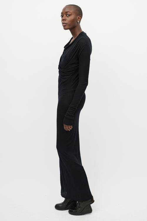 Rick Owens Black Draped Front Long Sleeve Maxi Dress