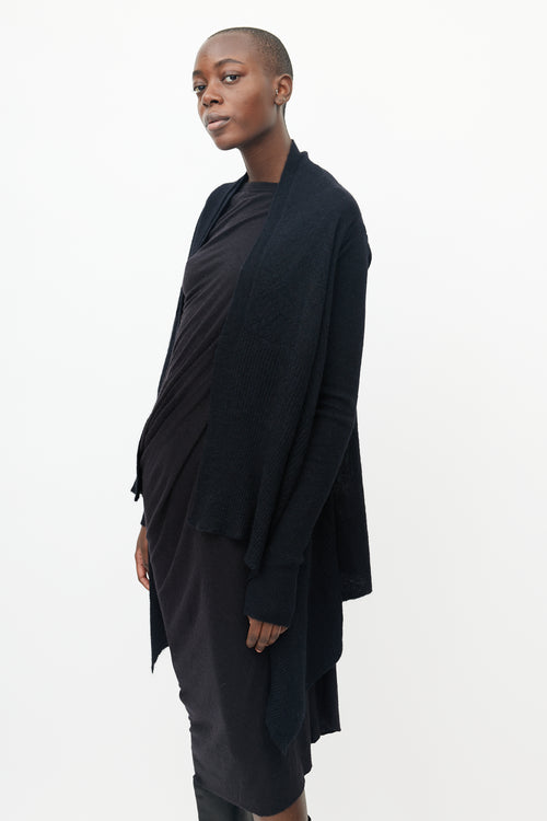 Rick Owens Black Knitted Ribbed Sleeve Open Cardigan