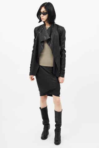 Rick Owens Black Leather Asymmetrical Button Jacket