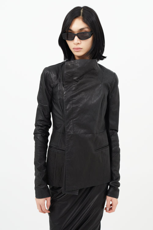 Rick Owens Black Leather Asymmetrical Button Jacket