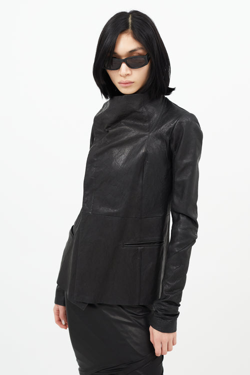 Rick Owens Black Leather Asymmetrical Button Jacket