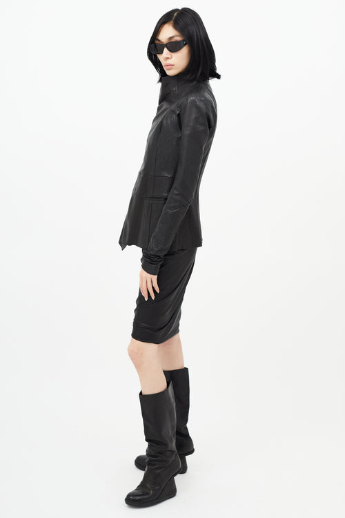 Rick Owens Black Leather Asymmetrical Button Jacket