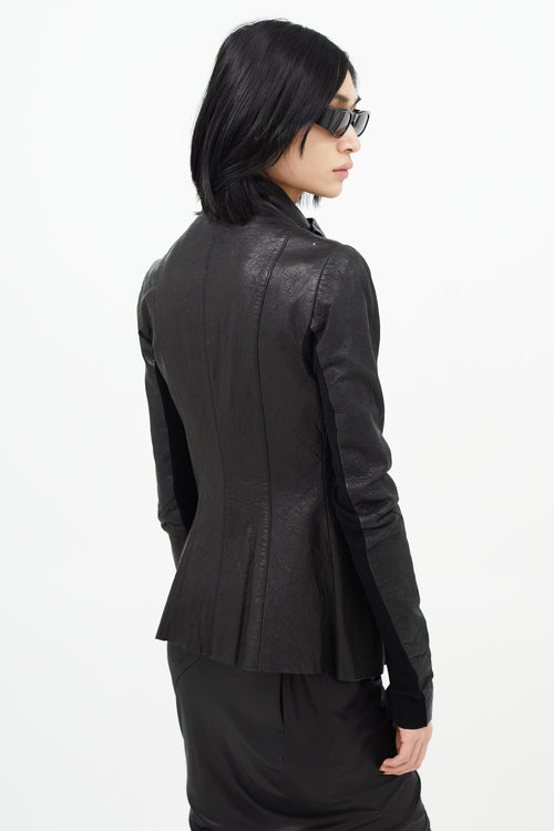 Rick Owens Black Leather Asymmetrical Button Jacket