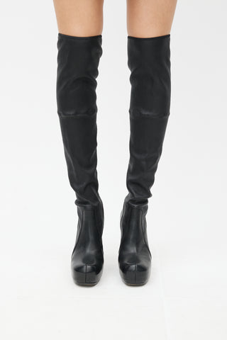 Rick Owens Black Leather Knee High Wedge Boot