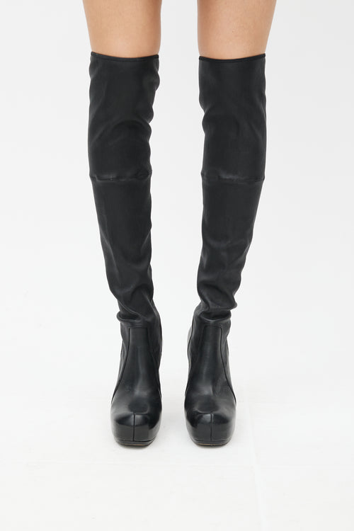 Rick Owens Black Leather Knee High Wedge Boot