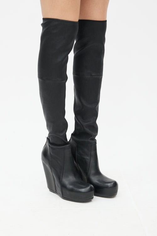 Rick Owens Black Leather Knee High Wedge Boot