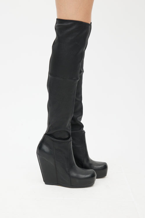 Rick Owens Black Leather Knee High Wedge Boot