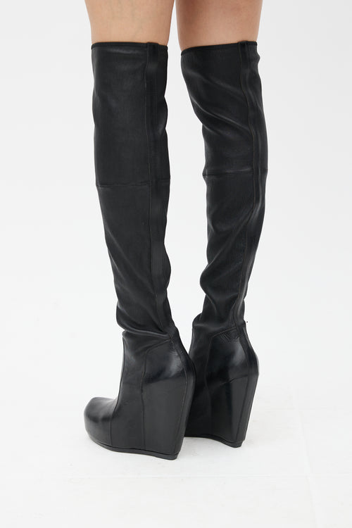 Rick Owens Black Leather Knee High Wedge Boot