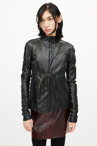 Rick Owens Black Leather Tie Jacket