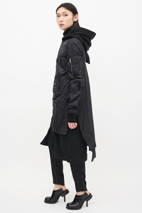 Rick Owens DRKSHDW Black Nylon Long Bomber Coat