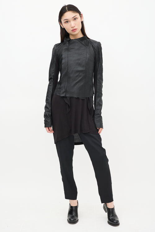 Rick Owens Black Leather 
Mesh Asymmetrical Jacket