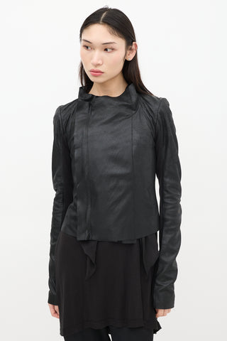 Rick Owens Black Leather 
Mesh Asymmetrical Jacket