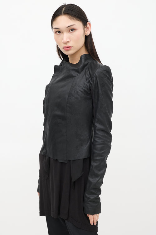 Rick Owens Black Leather 
Mesh Asymmetrical Jacket