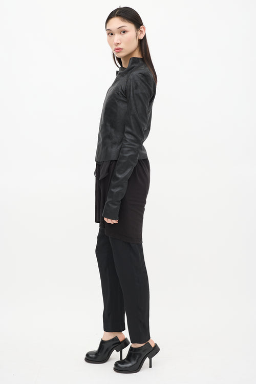 Rick Owens Black Leather 
Mesh Asymmetrical Jacket