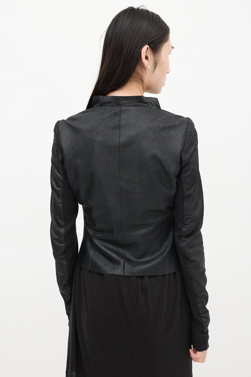 Rick Owens Black Leather 
Mesh Asymmetrical Jacket