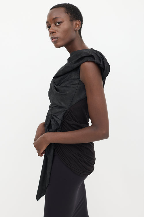 Rick Owens Black Leather Gathered Top