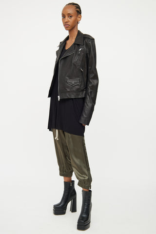 Rick Owens Black Leather Knit Sleeve Jacket