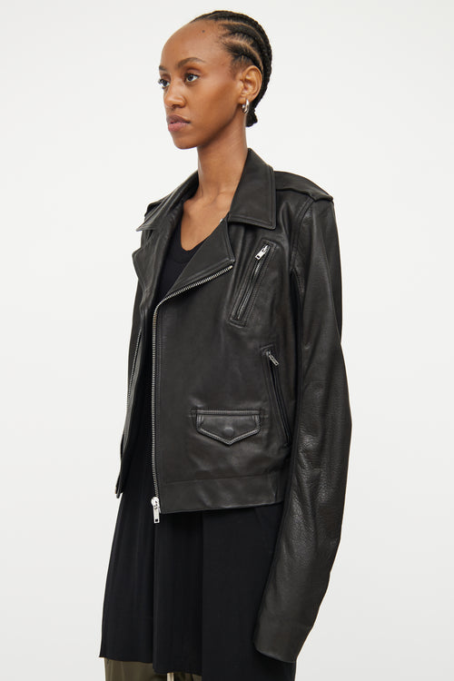 Rick Owens Black Leather Knit Sleeve Jacket