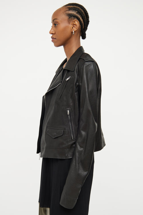 Rick Owens Black Leather Knit Sleeve Jacket