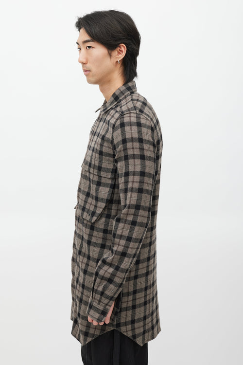 Rick Owens Brown 
Black Plaid Wool Shirt