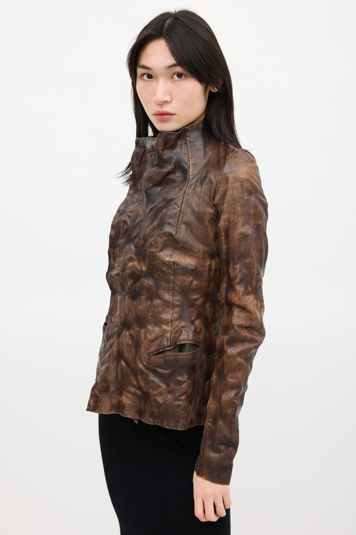 Rick Owens Brown Crinkled Leather Jacket