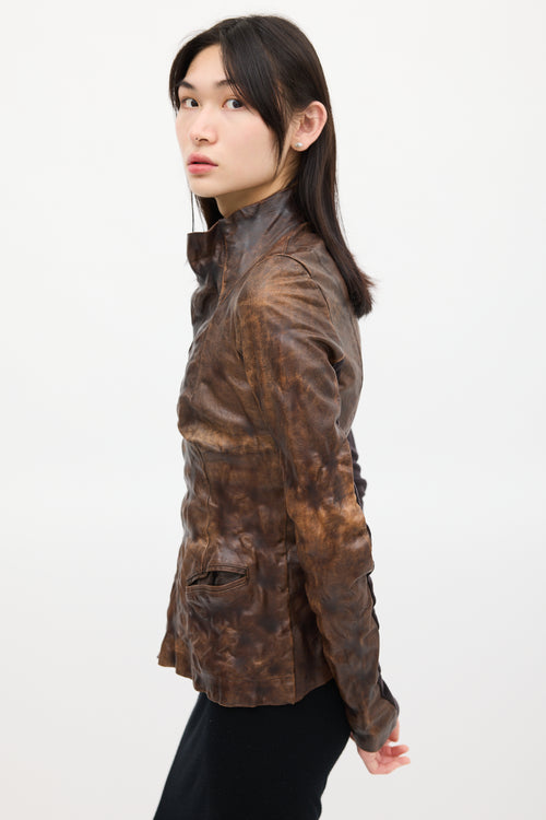 Rick Owens Brown Crinkled Leather Jacket