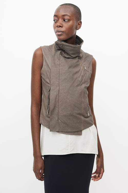 Rick Owens Brown Leather Draped Collar Vest