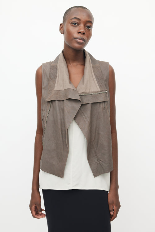 Rick Owens Brown Leather Draped Collar Vest