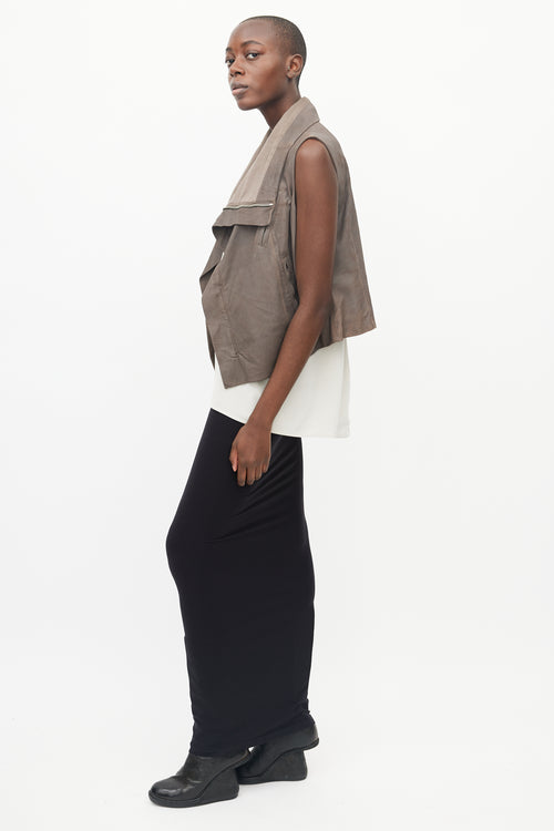 Rick Owens Brown Leather Draped Collar Vest