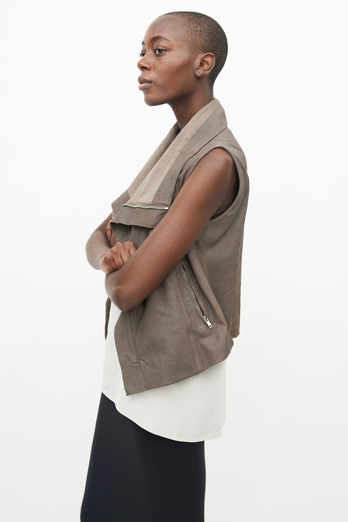 Rick Owens Brown Leather Draped Collar Vest