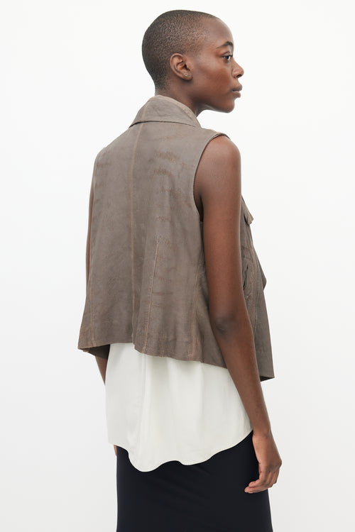 Rick Owens Brown Leather Draped Collar Vest